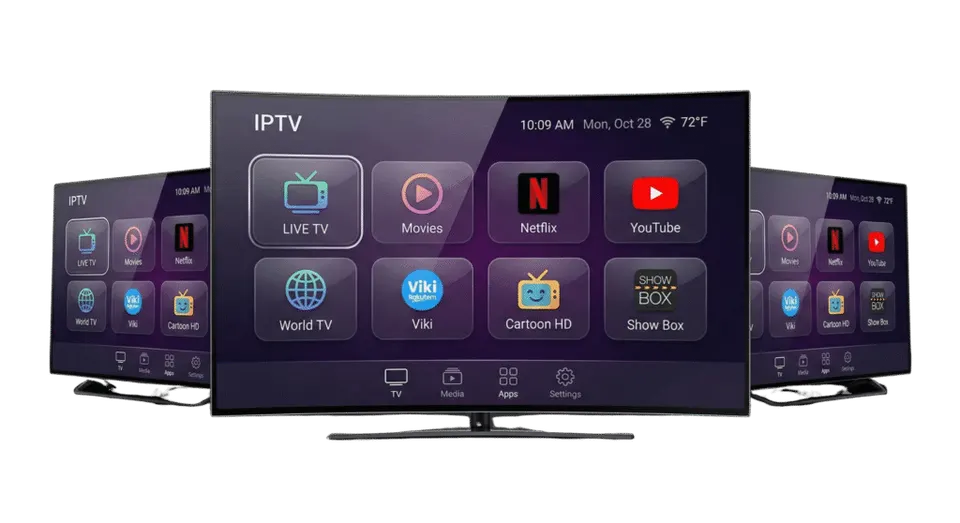 Menu van een IPTV-app op meerdere Smart TV’s