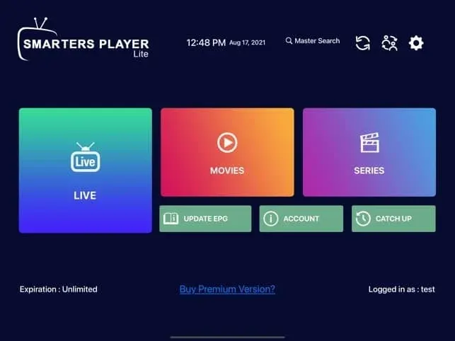 Startscherm van een IPTV-speler na het inloggen
