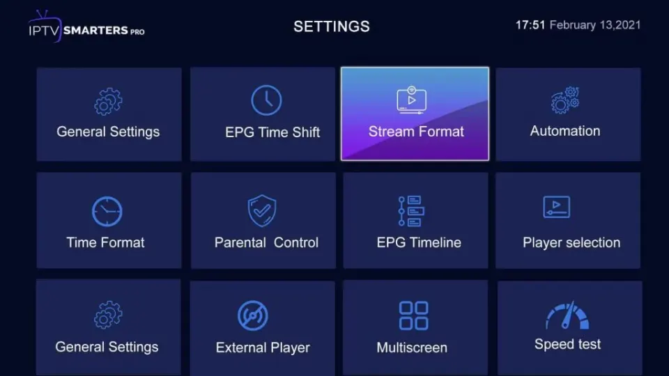 Instellingenmenu van IPTV Smarters Pro met EPG, speler en formaat