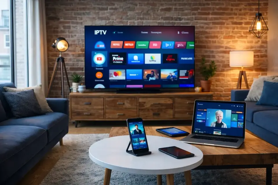 Gezellige woonkamer met tv, laptop en tablet