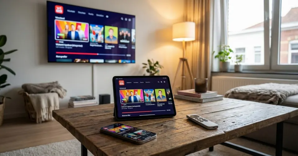 Woonkamer met tv en tablet voor IPTV
